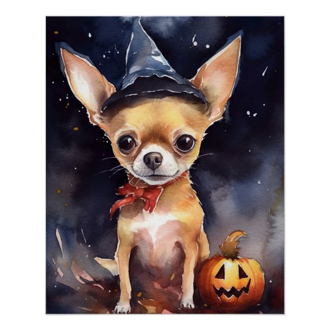 Pôster Chihuahua de Halloween com Abóboras Assustador (Frente)