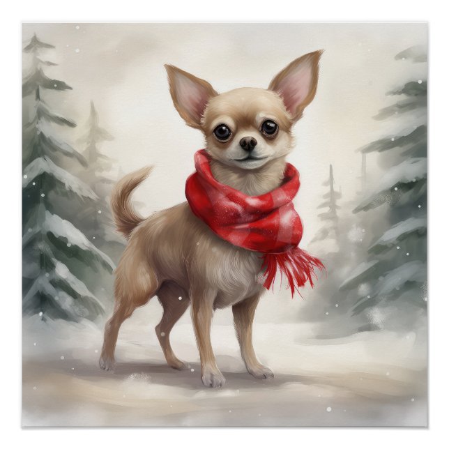 Pôster Chihuahua Dog no Natal da Neve (Frente)