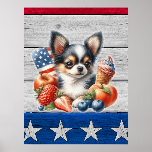 Poster Chihuahua Fruta Patriótica EUA Cabelo Longo Chihua (Frente)