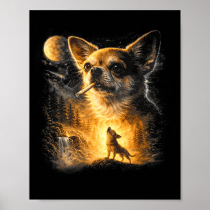 Poster Chihuahua fumando uivando para a lua vintage 90s