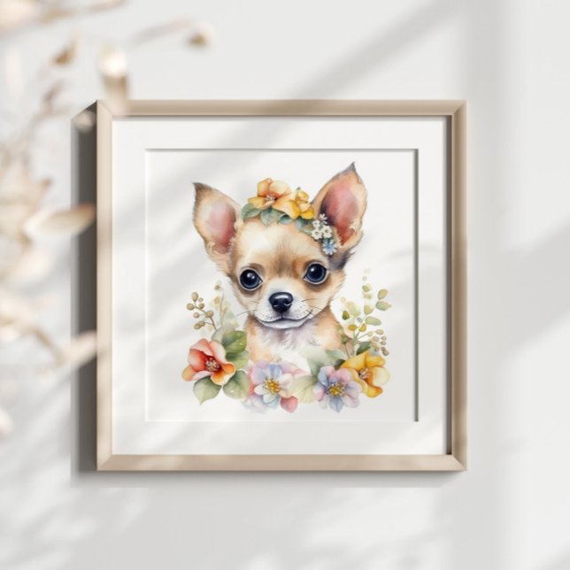 Poster Chihuahua Puppy pet Watercolor Flor (Criador carregado)