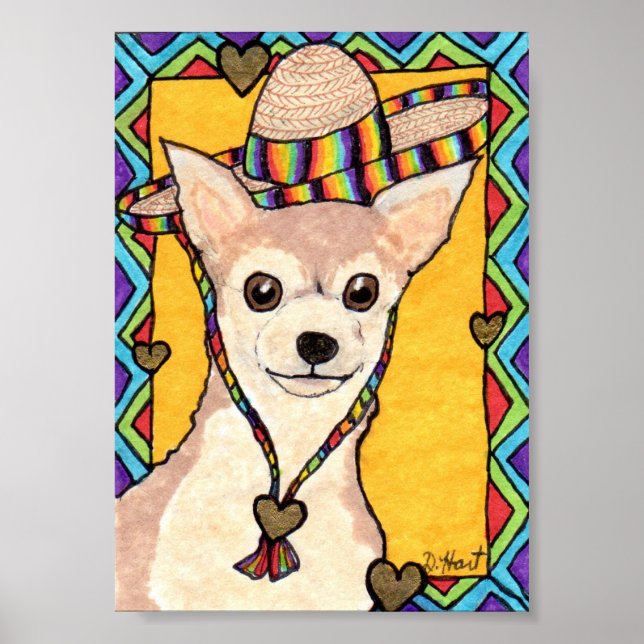 Pôster Chihuahua & Rainbow Sombrero Mini Arte Foliar Mexi (Frente)