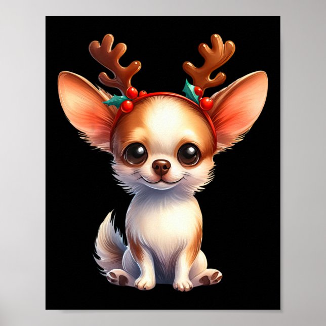 Poster Chihuahua Reindeer Santa Hat Natal Luzes de Natal (Frente)