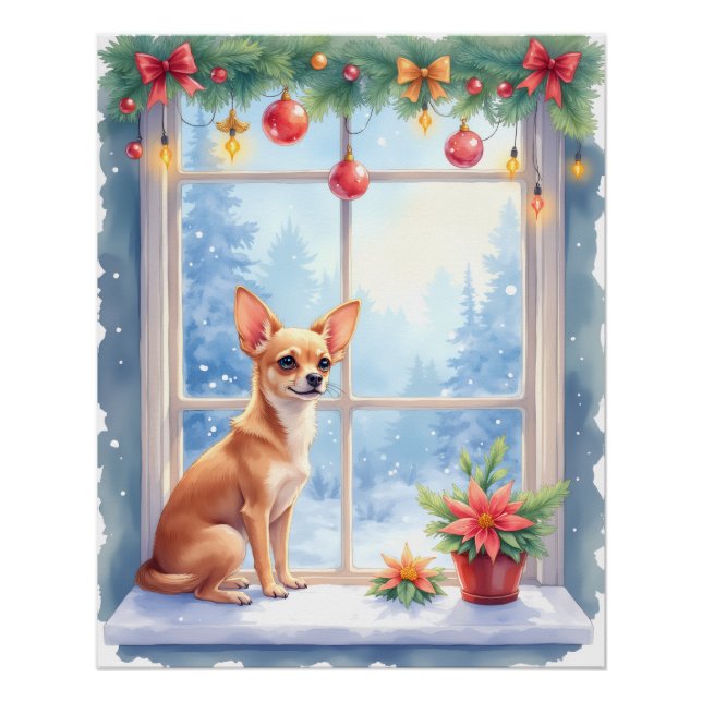 Pôster Chihuahua Snowy Windowsill Holiday Christmas Art (Frente)