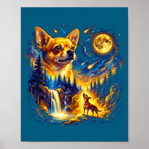 Poster Chihuahua uivando para a lua arte canina vintage