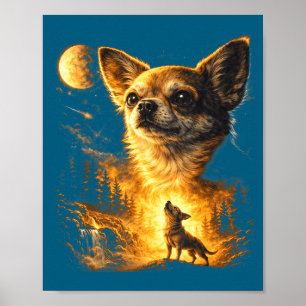 Poster Chihuahua uivando para a lua engraçado vintage