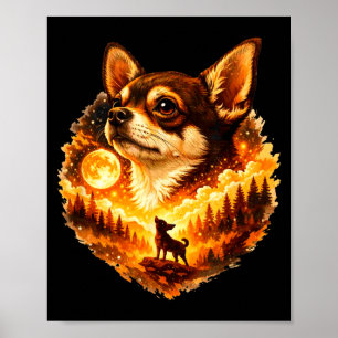 Poster Chihuahua uivando para a lua retrô anos 90 vintage