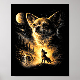 Poster Chihuahua uivando para a lua vintage 90s retrô