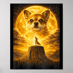 Poster Chihuahua Uivando para a Lua Vintage Cachorro Engr