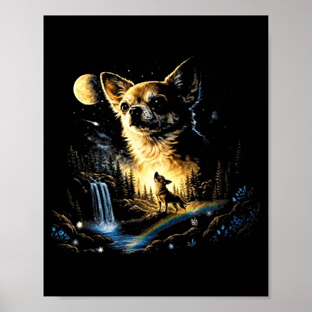 Poster Chihuahua uivando para a lua vintage engraçado (Frente)