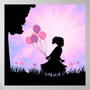 Pôster Child Silhouons Balloons Butterflies Wall Art