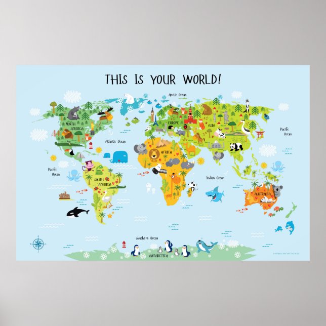 Poster Children's World Map Kids Room Decor (Frente)