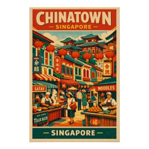 Pôster Chinatown em Singapura viagem retrô