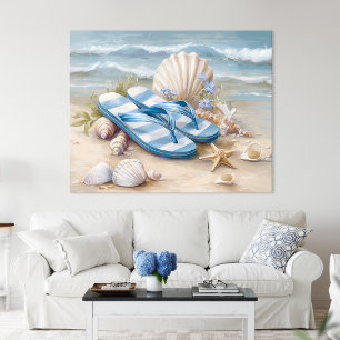 Poster Chinelos Azuis Conchas Costão Praia Arte de Verão