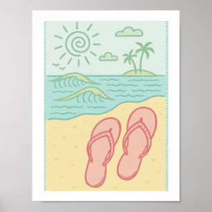 Poster Chinelos Retro Praia Oceano Tropical Sol Costeiro