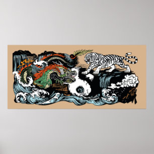 Poster Chinese Green Dragon versus White Tiger