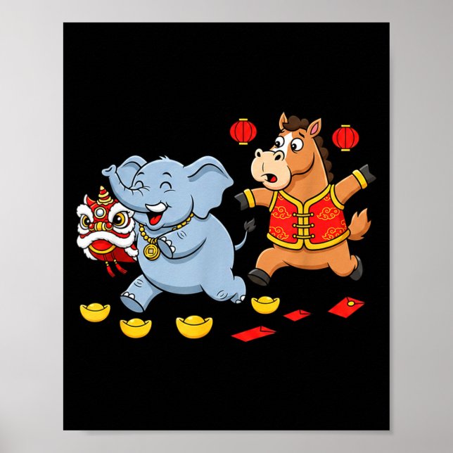 Poster Chinese Horse Elephant Funny Kids Mens Womens Happ (Frente)