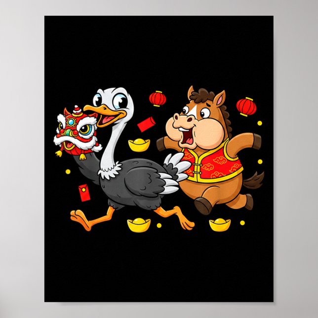 Poster Chinese Horse Ostrich Funny Kids Mens Womens Happy (Frente)
