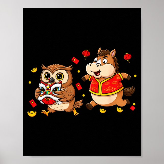 Poster Chinese Horse Owl Funny Kids Mens Womens Happy New (Frente)