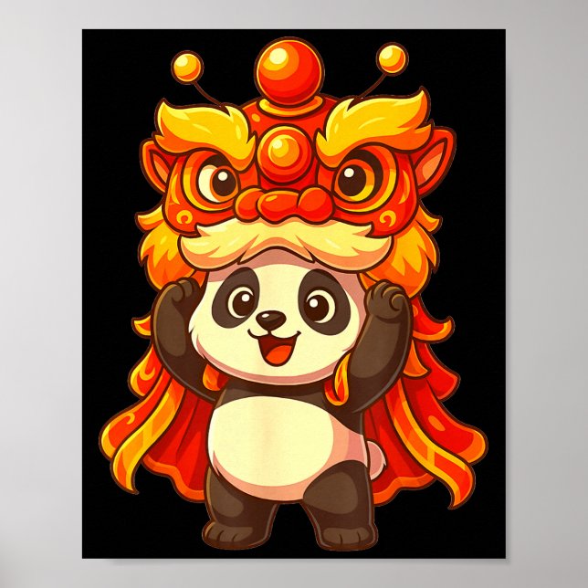 Poster Chinese Lunar New Year Lion Dance Cute Panda China (Frente)