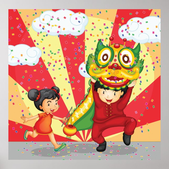Poster Chinese New Year Kids Lion Dance and Lantern (Frente)