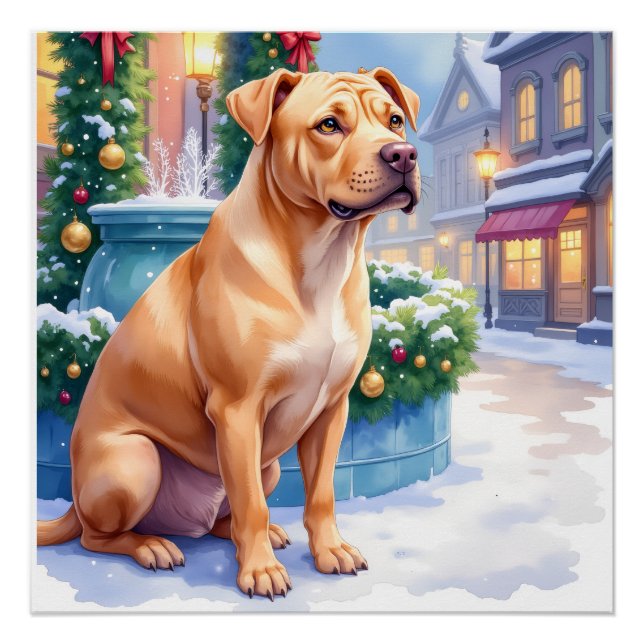 Pôster Chinese Shar-Pei Snowy Town Fountain Christmas Art (Frente)