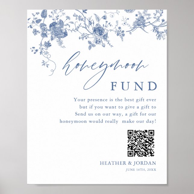 Poster Chinoiserie Blue Floral Weding Honeymoon Fund (Frente)