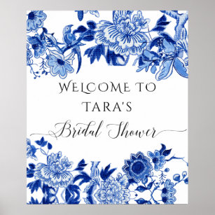 Poster Chinoiserie Blue White Welcome Bird Foliage Bridal