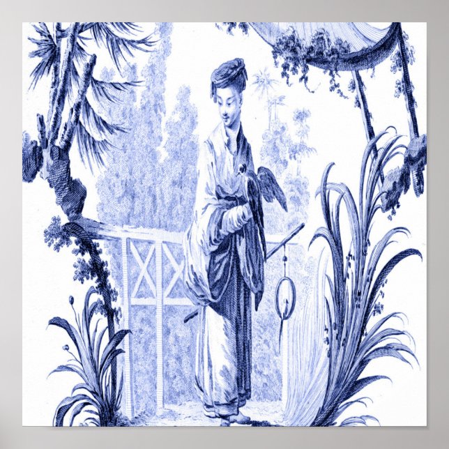 Poster Chinoiserie chinesa azul e branca oriental (Frente)