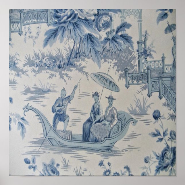 Poster Chinoiserie chinesa azul e branca oriental (Frente)