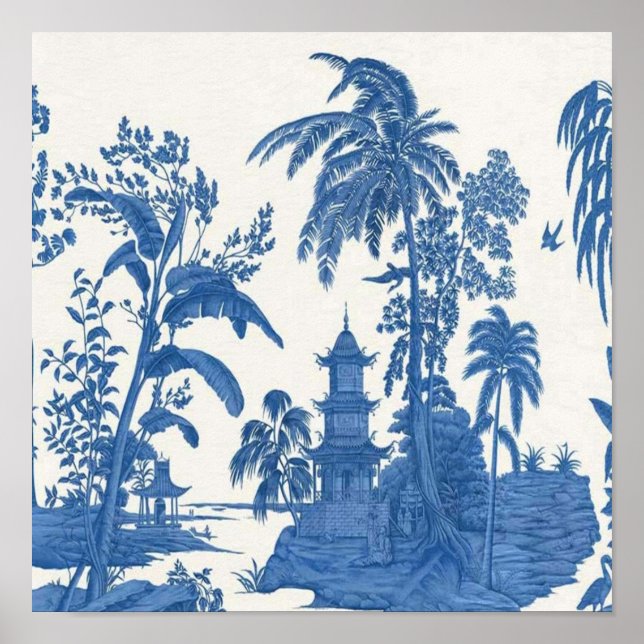Poster Chinoiserie chinesa azul e branca oriental (Frente)