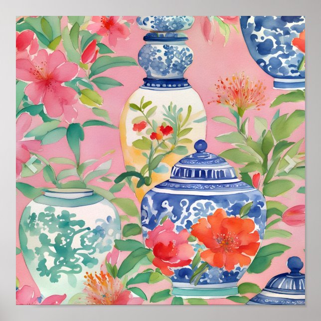 Poster Chinoiserie Ginger Jars & Flowers (Frente)