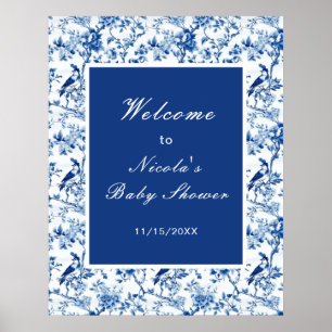 Poster Chinoiserie Pássaros Azuis e Flores Chá de Bebê