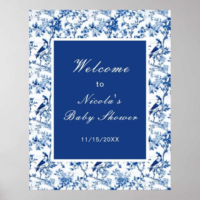 Poster Chinoiserie Pássaros Azuis e Flores Chá de Bebê (Frente)