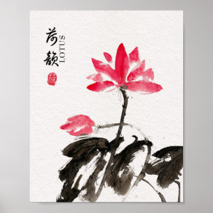Poster Chinoiserie Solta Aquarela Flores de Lotus