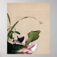 Chinoiserie Vintage Arte de Lótus e Borboleta