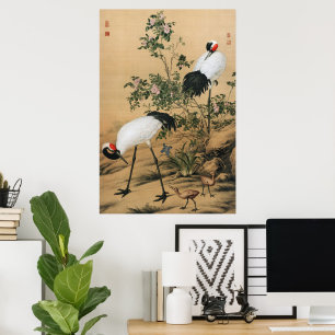 Poster Chinoiserie Vintage Grous de Coroa Vermelha & Rosa