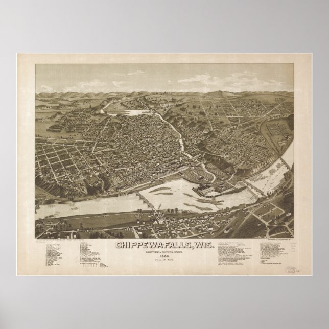 Poster Chippewa cai no mapa antigo de panorâmica WI 1886 (Frente)