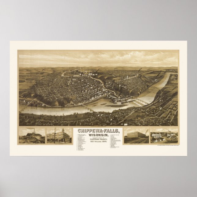 Pôster Chippewa Falls, Mapa Panorâmico da I - 1907 (Frente)