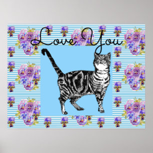 Poster Chique Blue Stripe Tabby Cat Love Heart