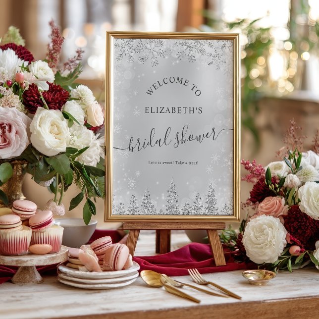 Poster Chique cinza prateado pinheiro de neve bem-vindo c (Silver chic gray snow pine welcome bridal shower poster)