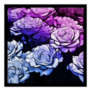 Pôster chique impressionismo Rosas de púrpura azul