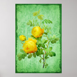 Poster Chique Vintage Rosas Amarelas Fundo Verde
