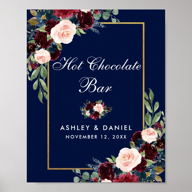 Poster Chocolate Quente Dourado Floral Azul Burgundy (Frente)