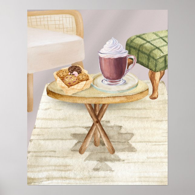 Poster Chocolate quente e Cookies numa Mesa de madeira (Frente)
