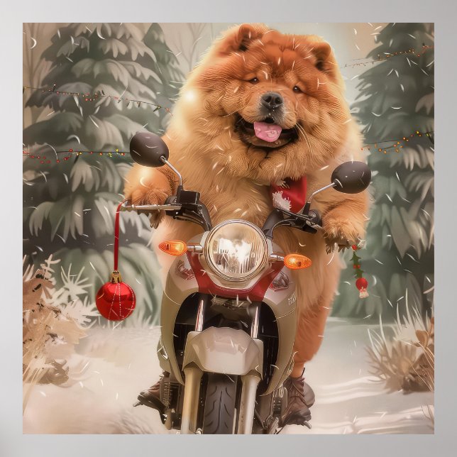 Poster Chow Chow Dog Andando na Moto Natal (Frente)