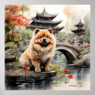 Poster Chow Chow Explorando um Jardim Chinês