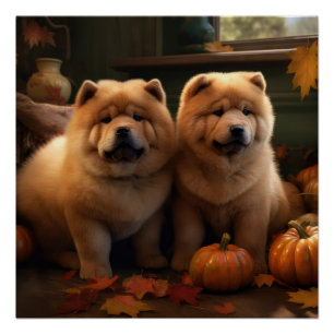 Pôster Chow Chow Puppy Autumn Delight Pumpkin