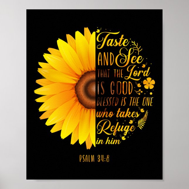 Poster Christian Bible Verse Psalm 34:8 Sunflower Flower (Frente)