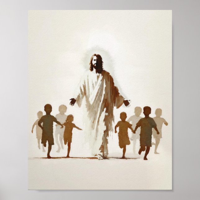 Poster Christian Watercolor Wall Art Deixa As Crianças (Frente)